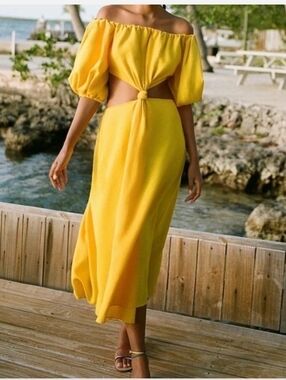 NWT FARM Rio Off Shoulder Twist Front Linen Blend Dress Size Small